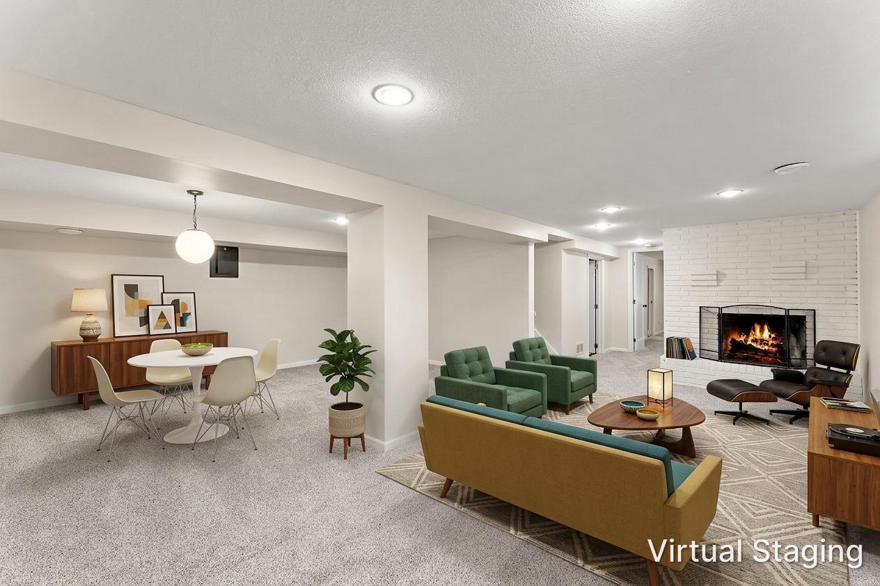The large lower level family room features the second wood-burning fireplace.