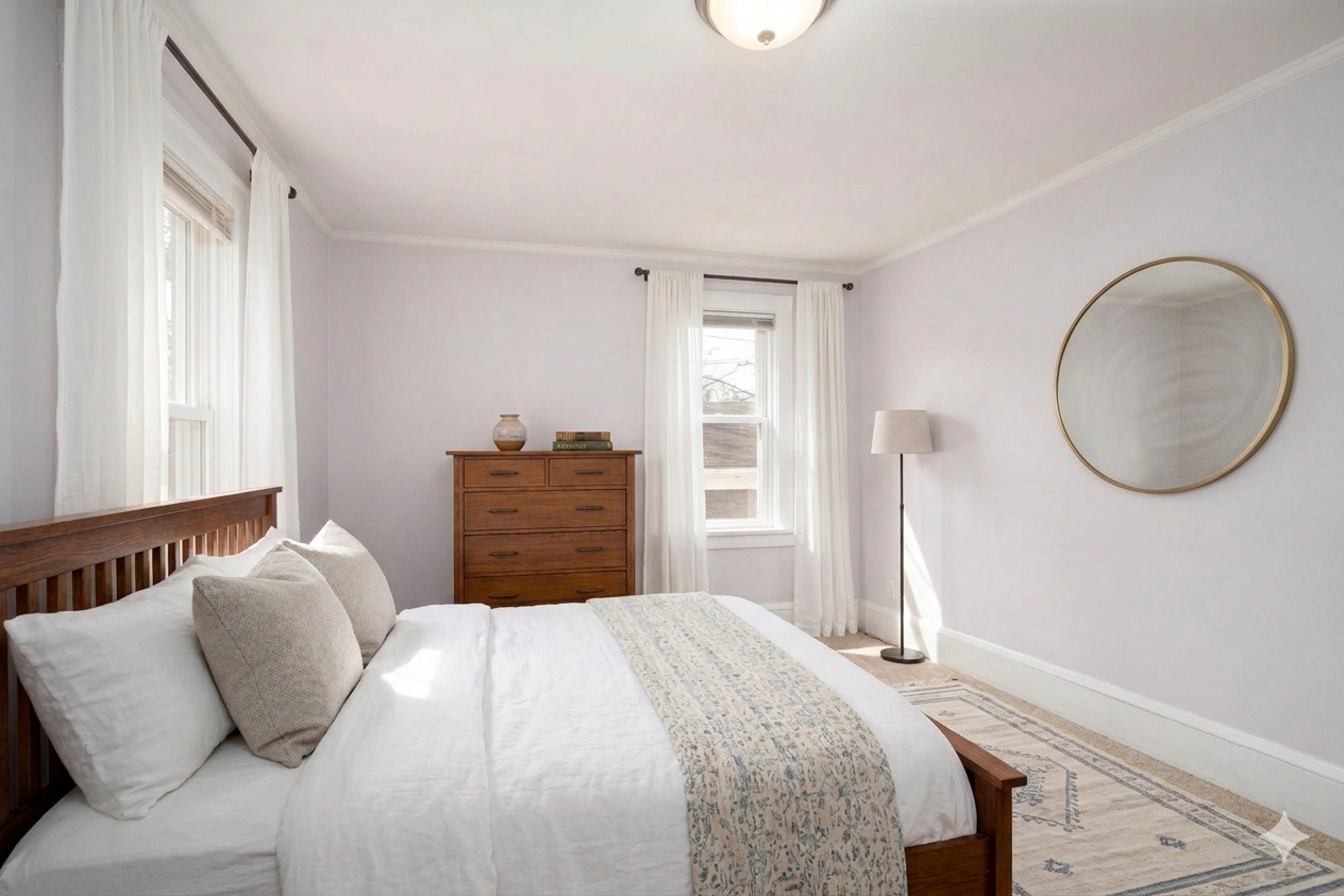 Virtual staging of main floor back bedroom