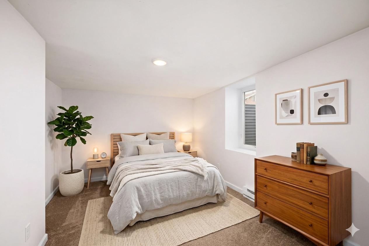 Virtual staging of lower level bedroom