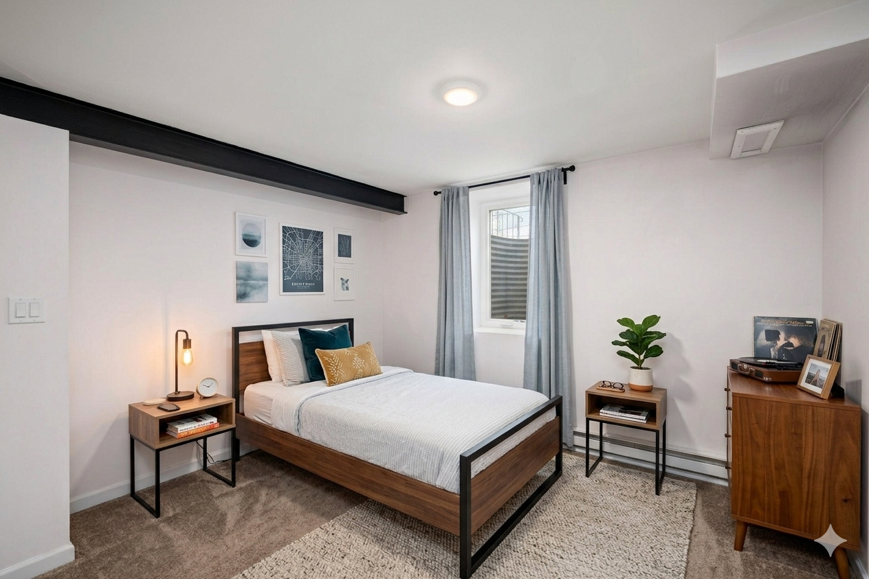 Virtual staging of second lower level bedroom