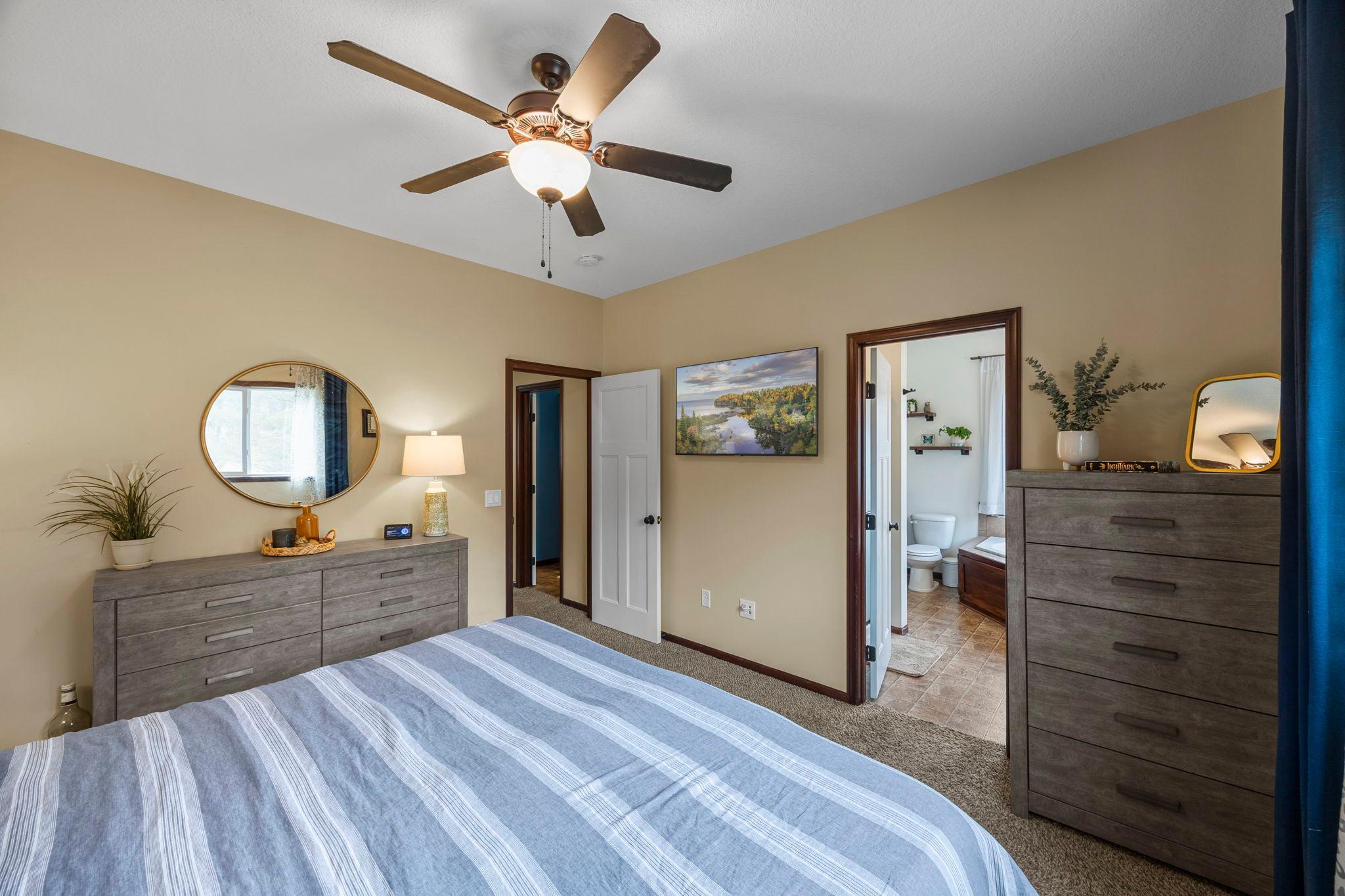 Private bath; three-panel doors