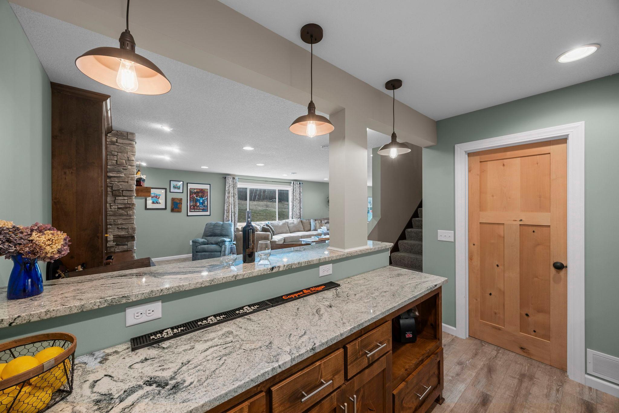 Two-tiered counter top; beautiful woodwork