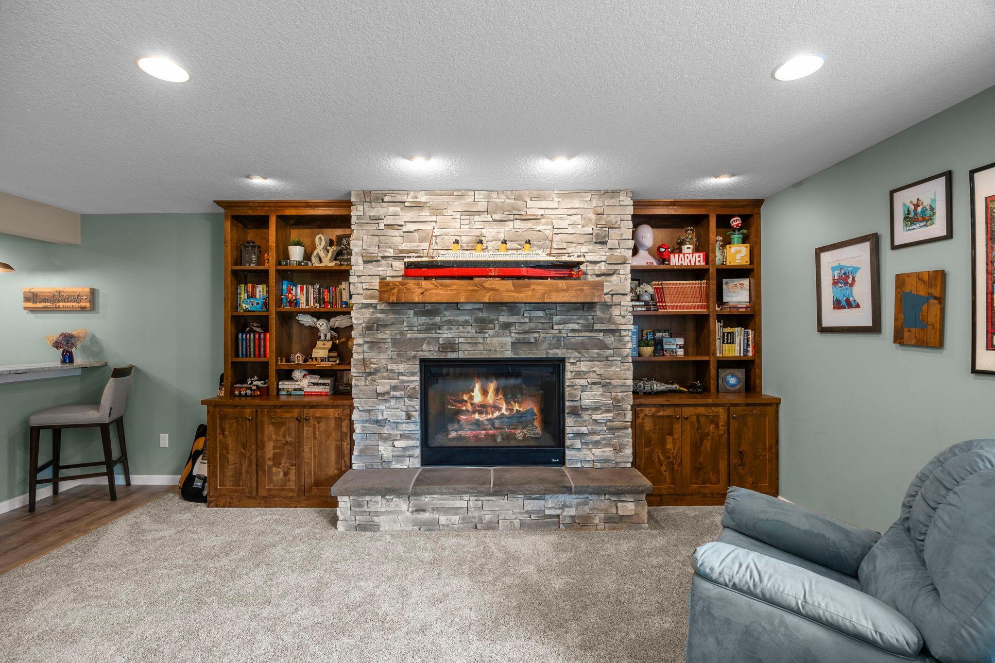Gas fireplace with custom surround and built-ins