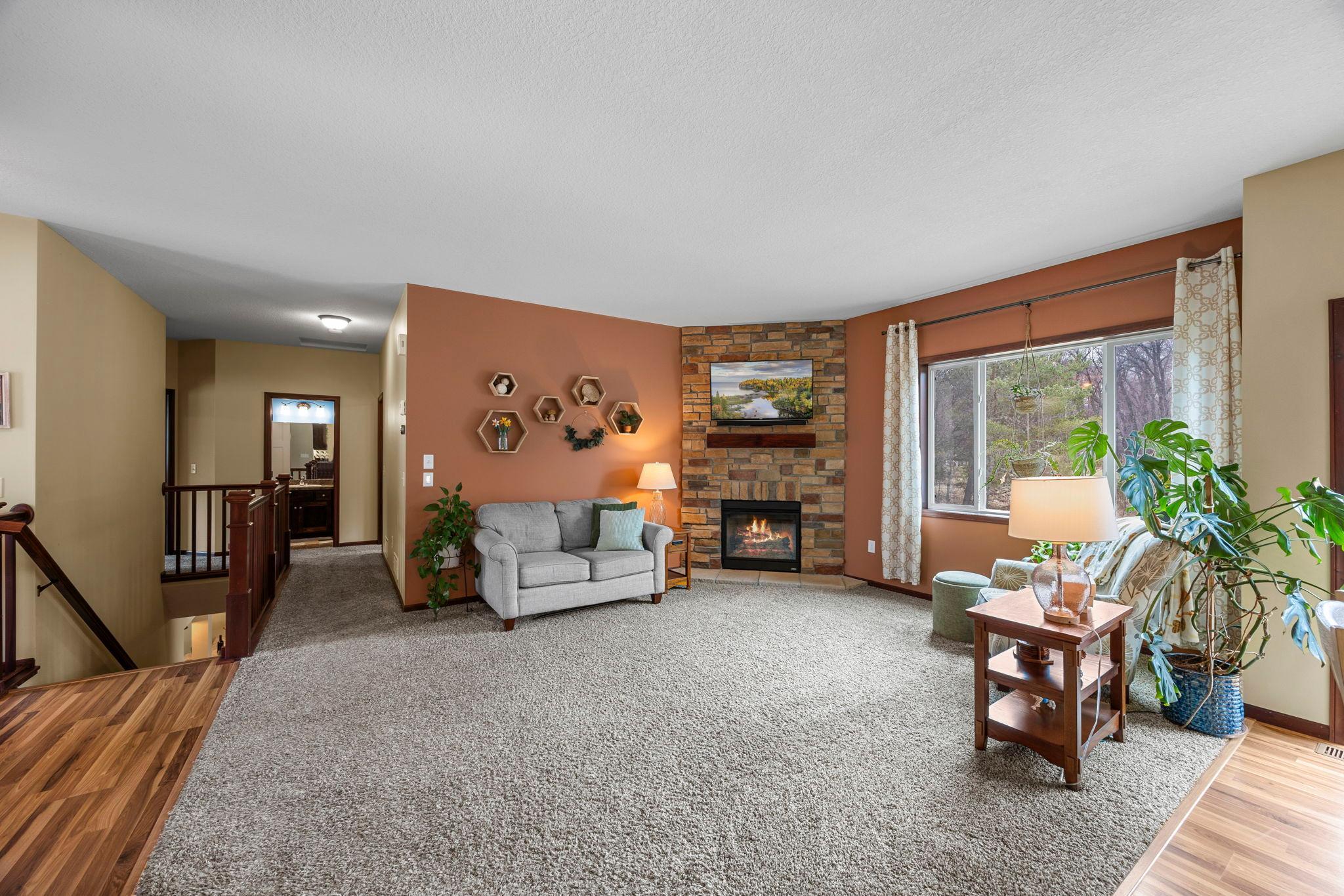 Warm & cozy living room with gas fireplace