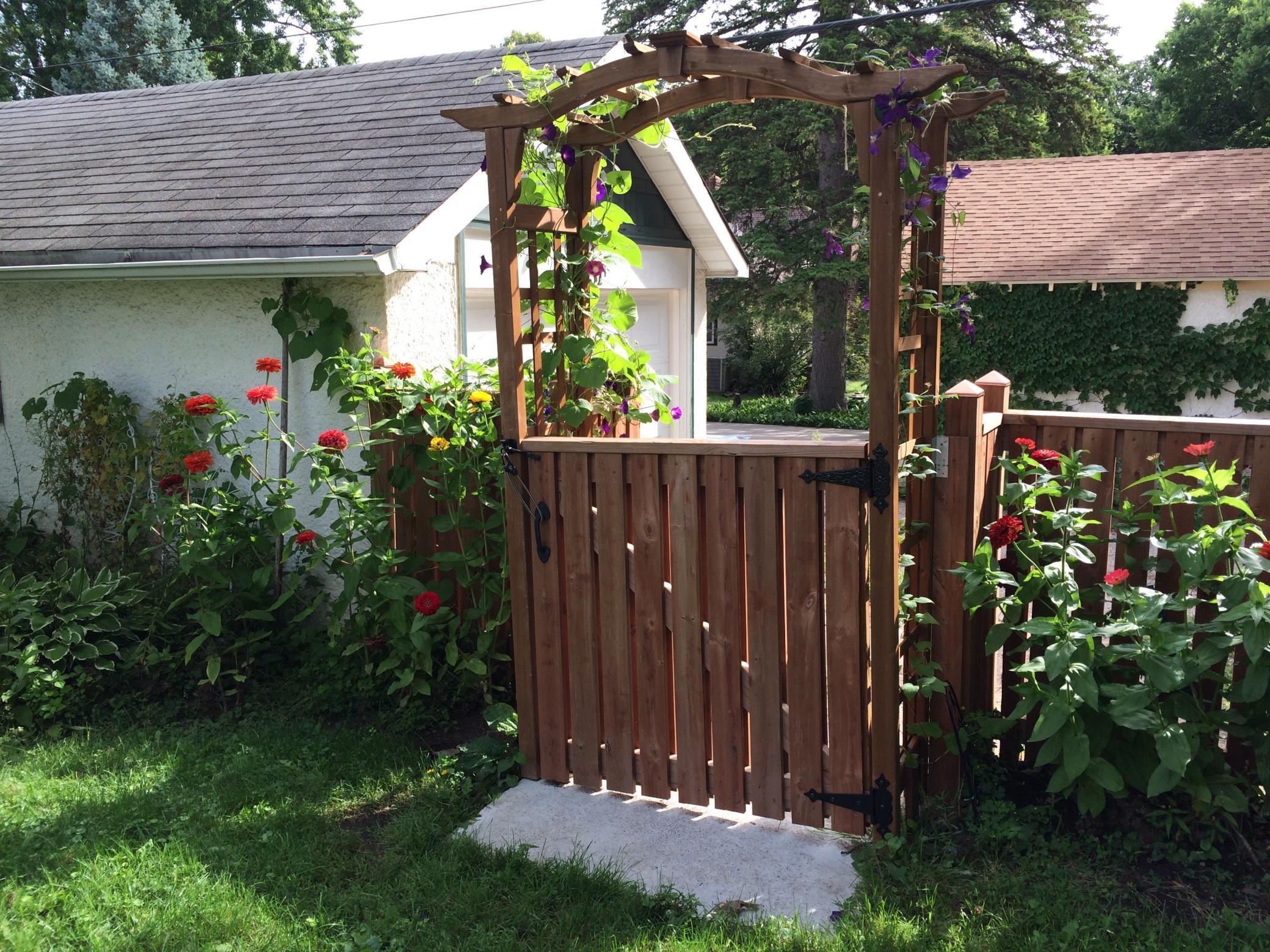 Adorable arbor with gate provides an inviting entrance into the backyard and is perfect for those climbers like these purple morning glories!