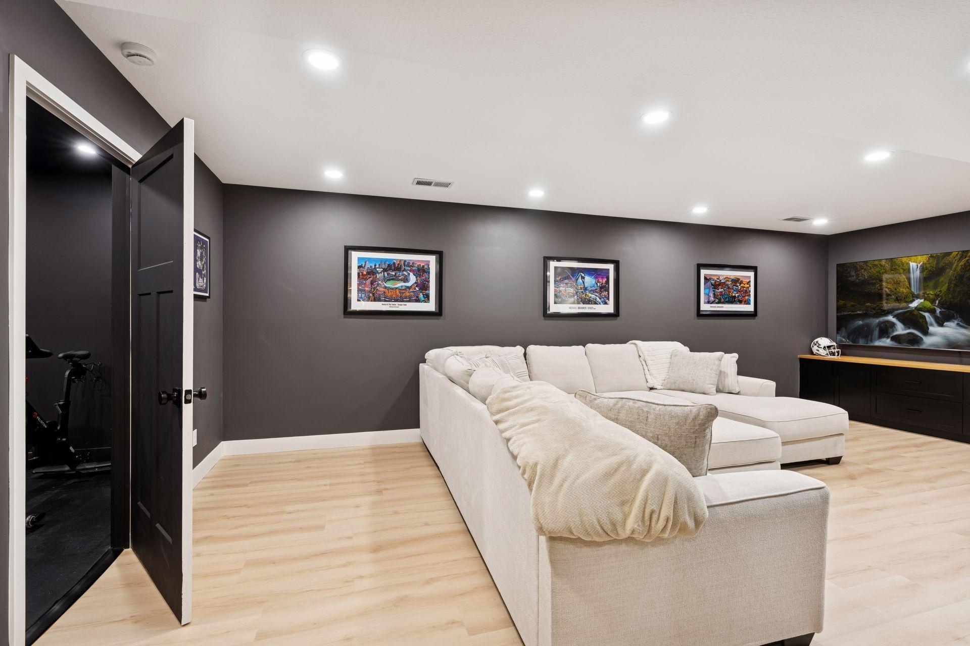 Additional space behind couch for kids play nook or additional seating.