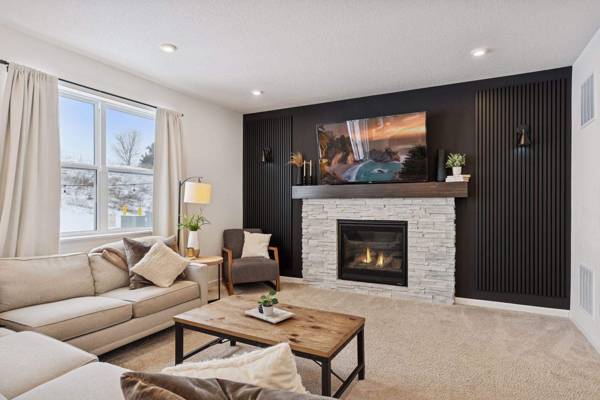 Recently refinished fireplace surround with modern finishes.