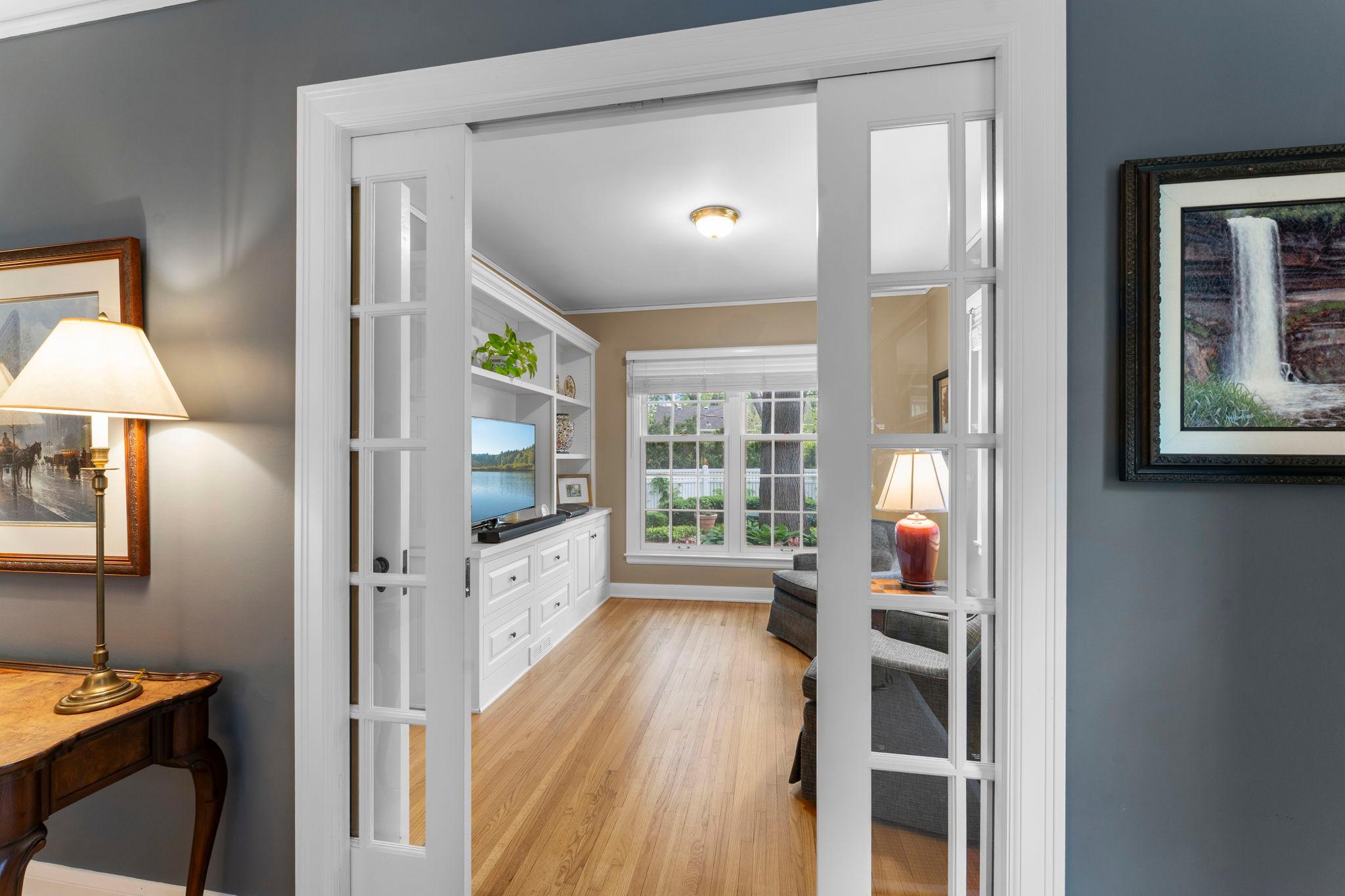 Pocket doors open to den/family room