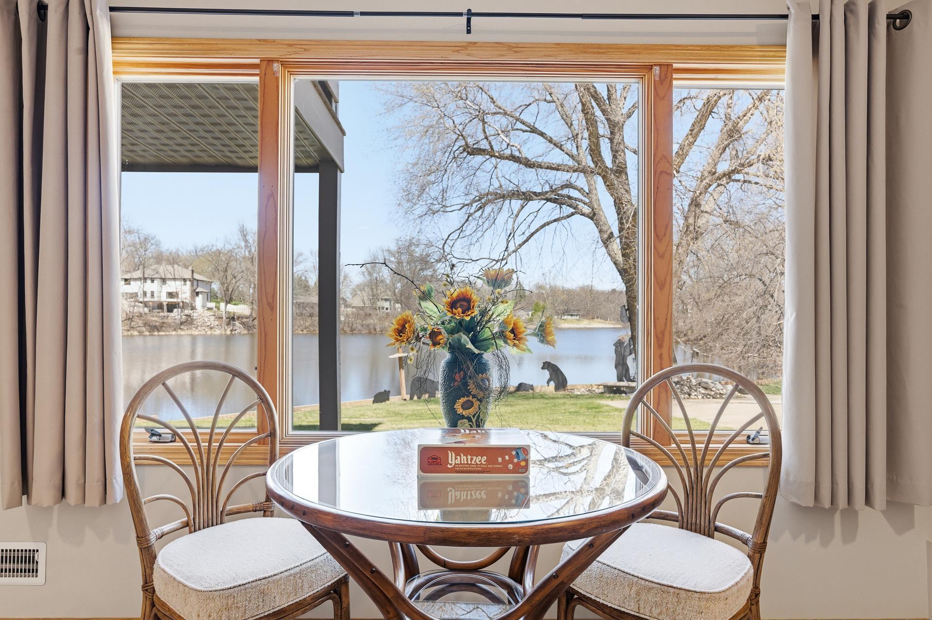 Large window with panormaic lake views.