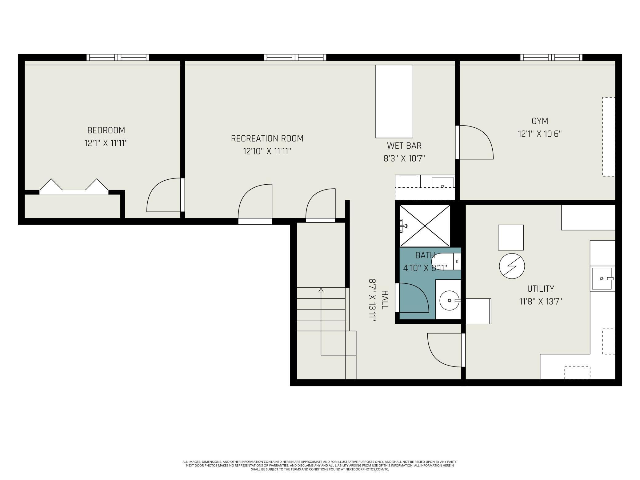 Basement Floor plan - for illustrative purposes only, dimensions are approximate, and two large storage closets are not drawn.