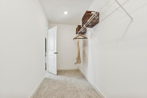 (Photo of model home, features will vary) A large walk-in closet with mesh-wire shelving provides abundant room to store wardrobes, shoes, accessories and much more