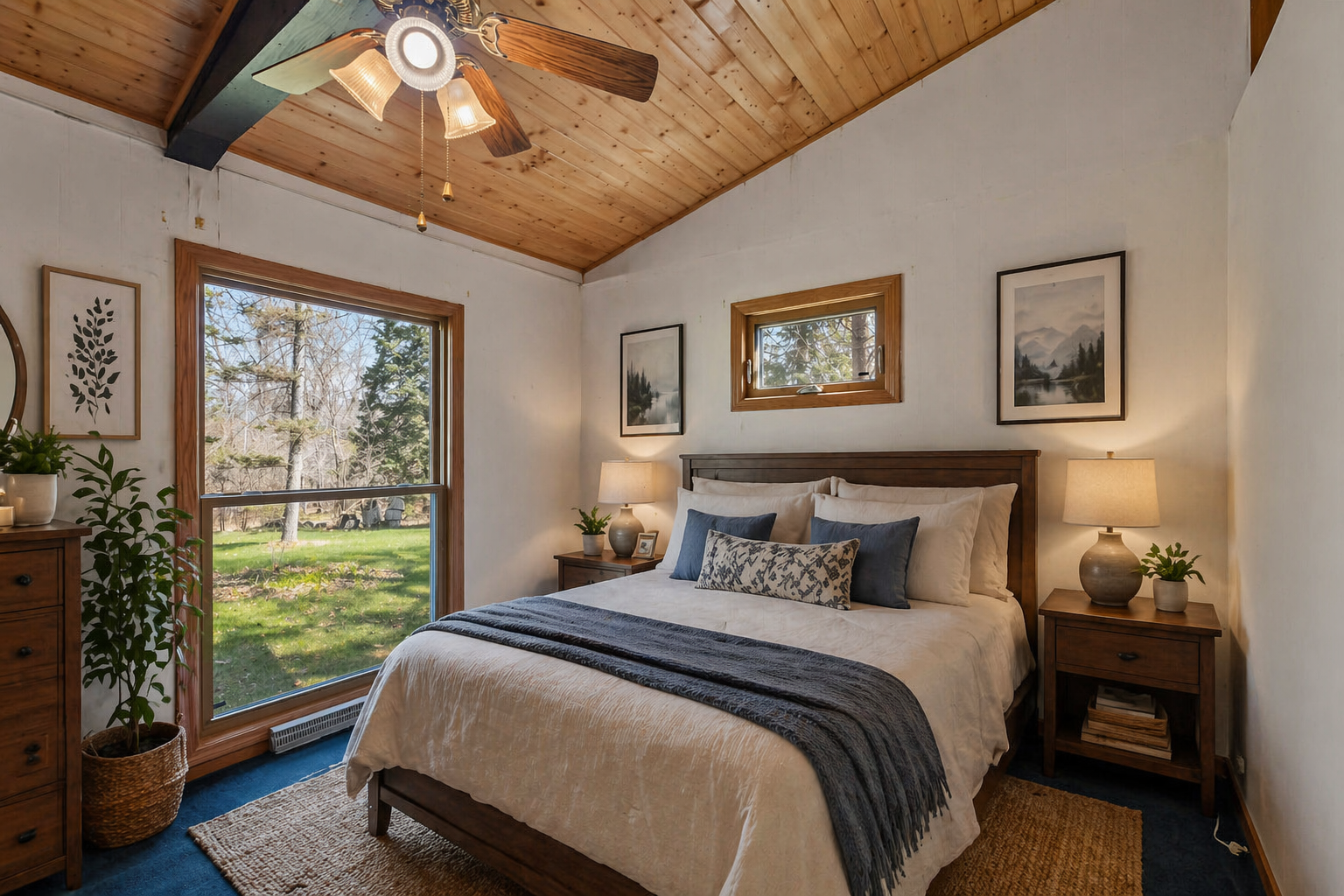 First bedroom all windows are updated with floor to ceiling views of the wooded lot.