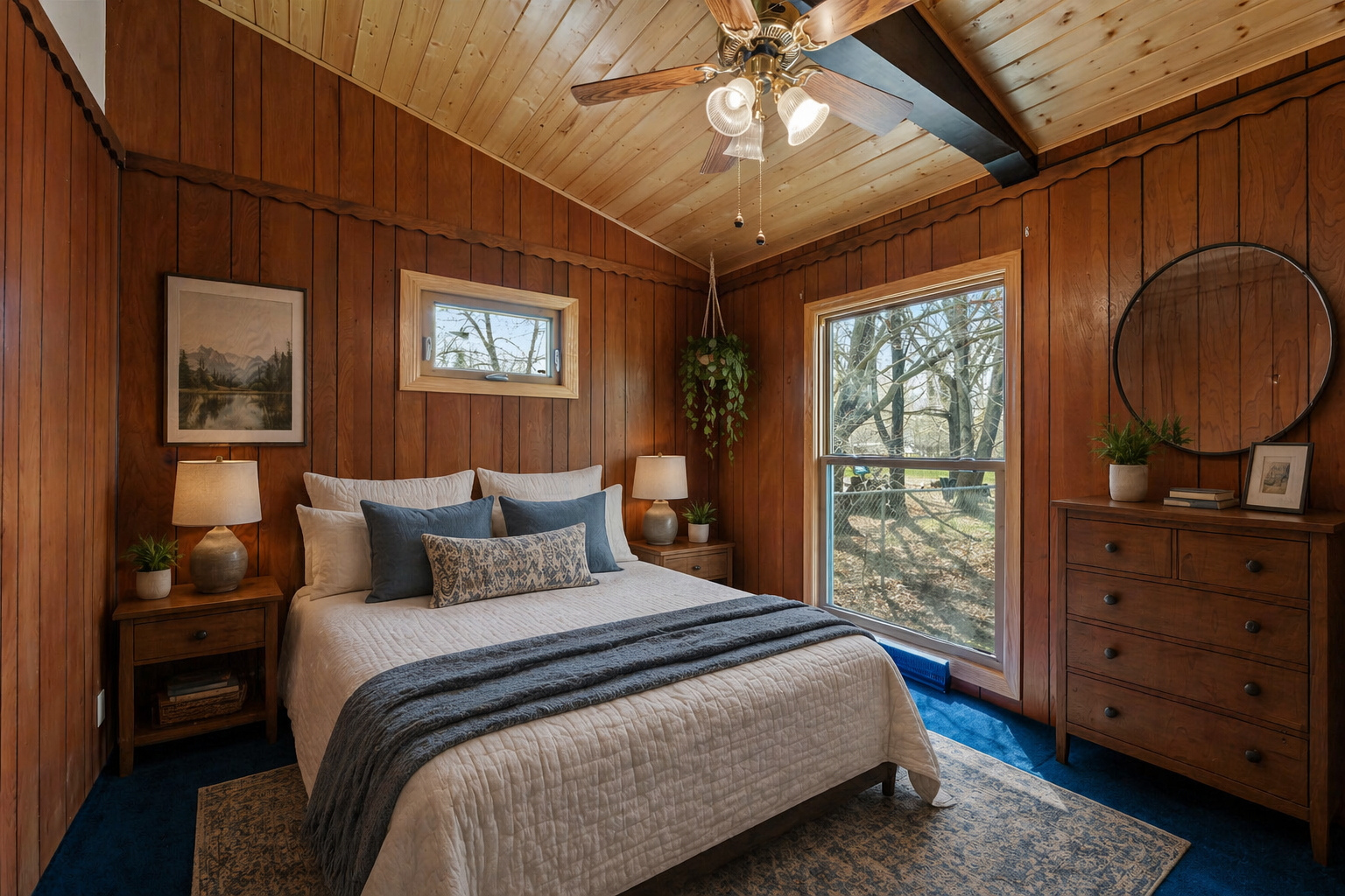Super quaint and retro second guest bedroom with vaulted ceilings and floor to ceiling windows to the back yard.