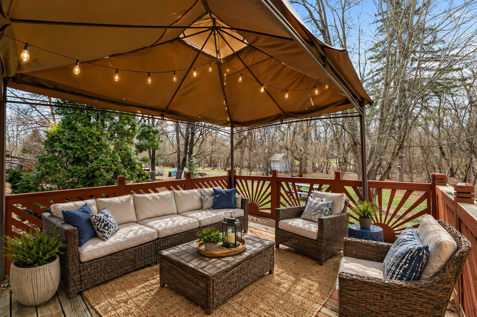 Back deck hase a covered gazebo for hot summer days and nights.