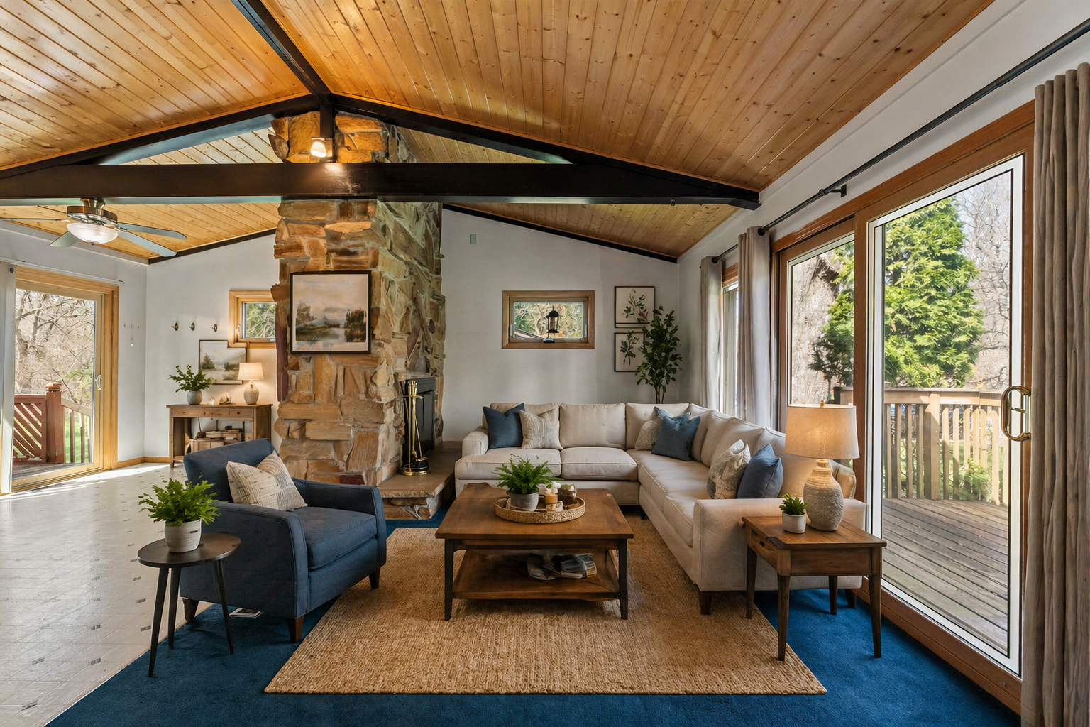 Front living room with comfy wood burning fire place, vaulted ceilings wall to wall windows and exposed beams.