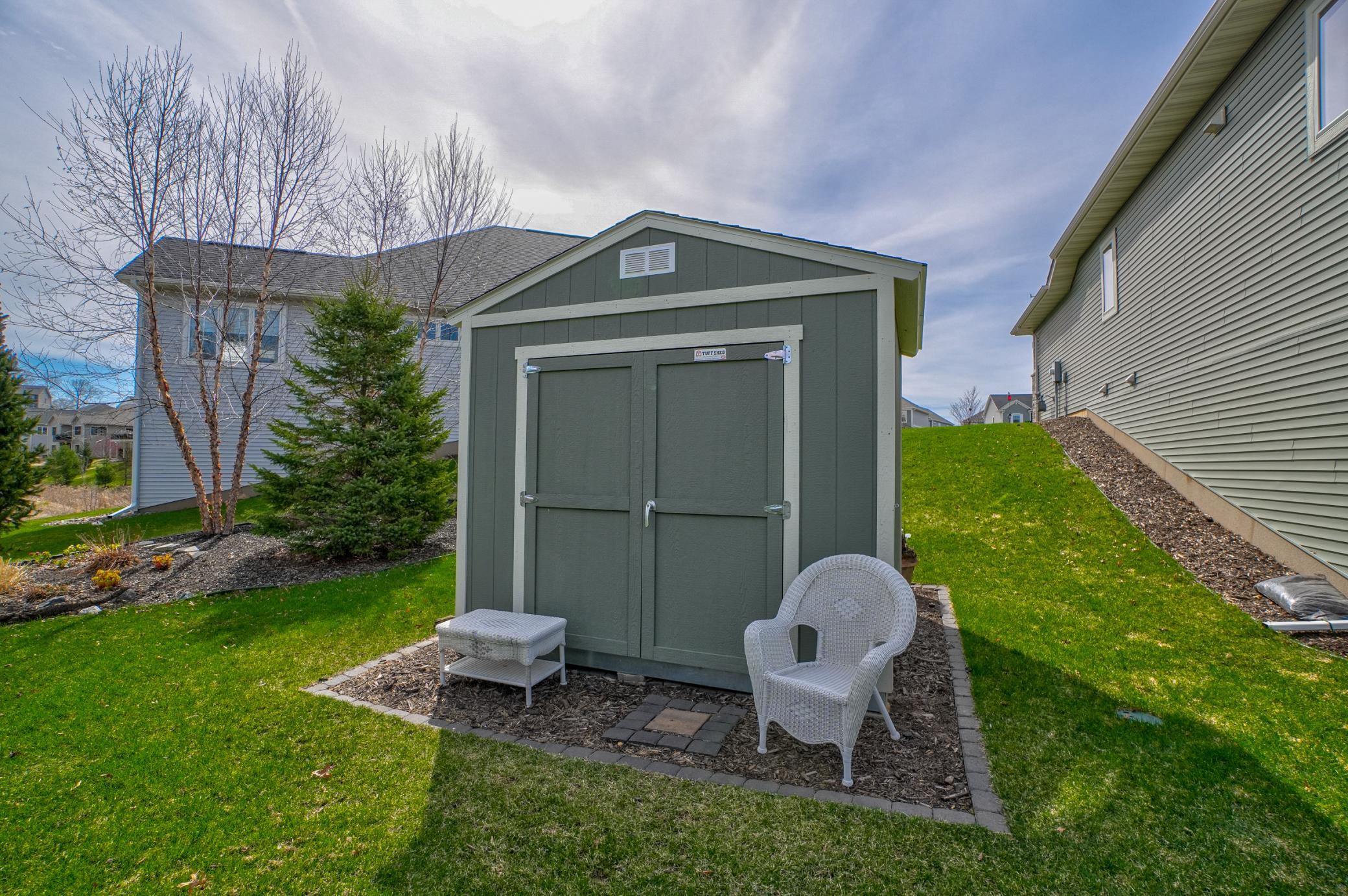 A convenient storage shed adds extra versatility