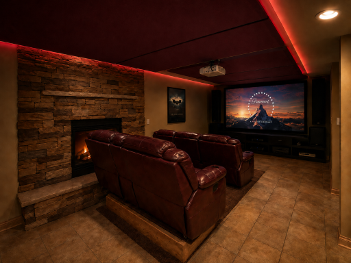 Media room- big screen, projector, & acoustic ceiling tiles with backlighting
