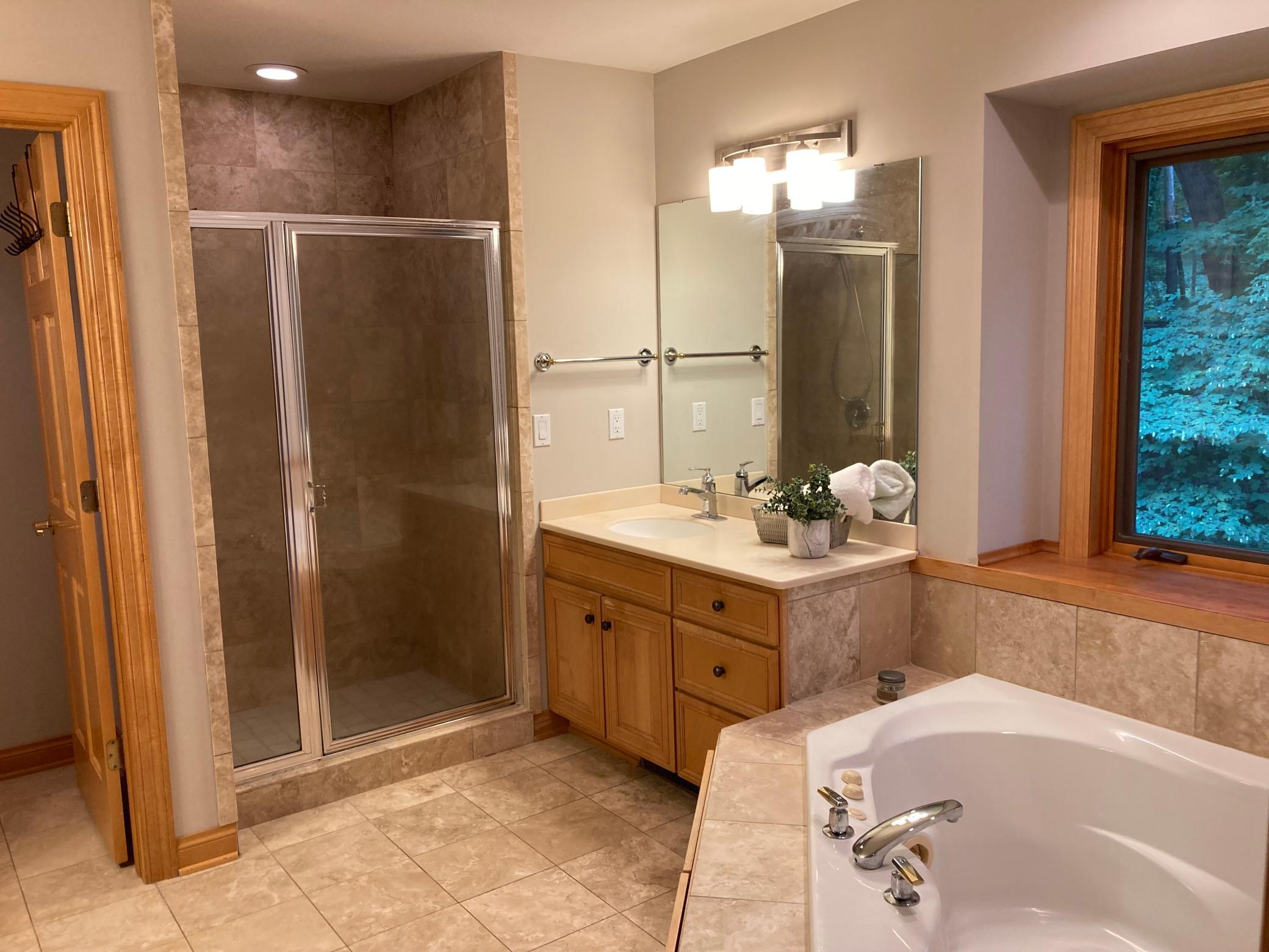 tiled shower and separate dual vanities