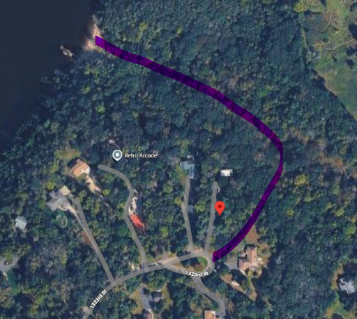 purple path shows the dirt road to access the beach