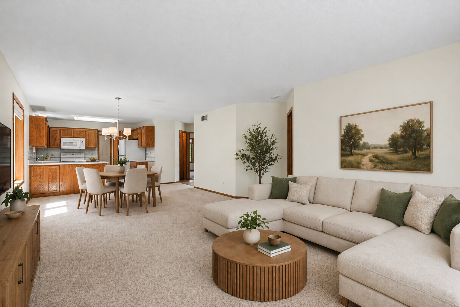 Here is a virtually staged rendition of the living room and dining room.