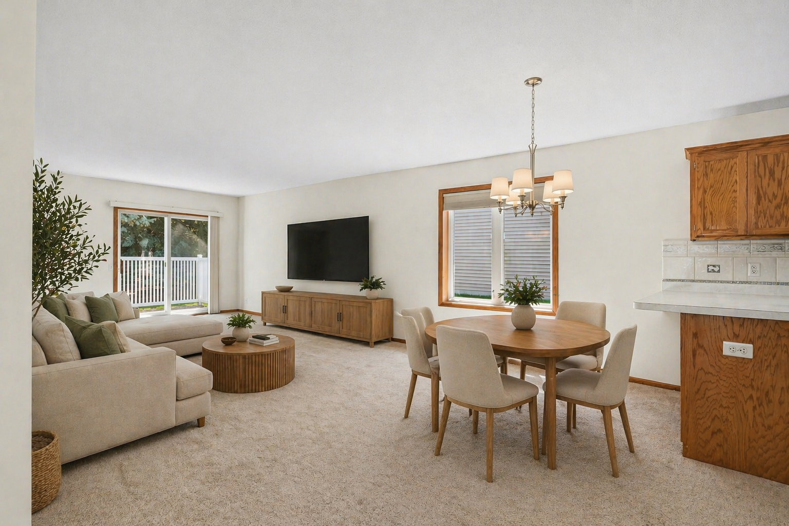 Here is a virtually staged rendition of the living room and dining room.
