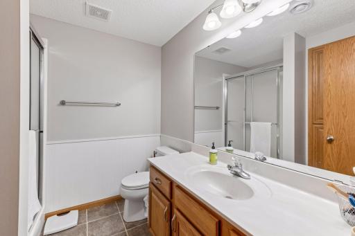The well-appointed lower-level bath features a large vanity, abundant counter space, and a walk-in shower.