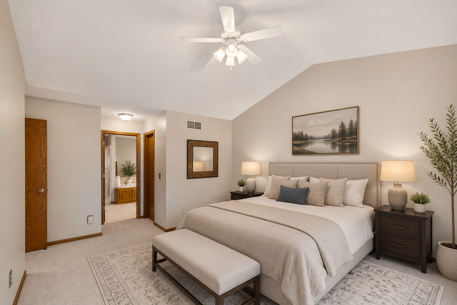 Main level master bedroom with vaulted ceiling and fan. Walk-in closet and private bath.