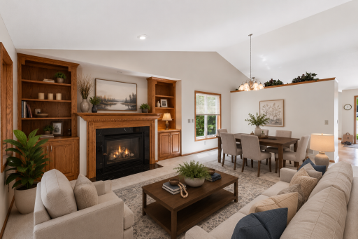 Vaulted ceilings and an open layout seamlessly connect the kitchen to the main living areas, making gatherings effortless. (digitally staged)