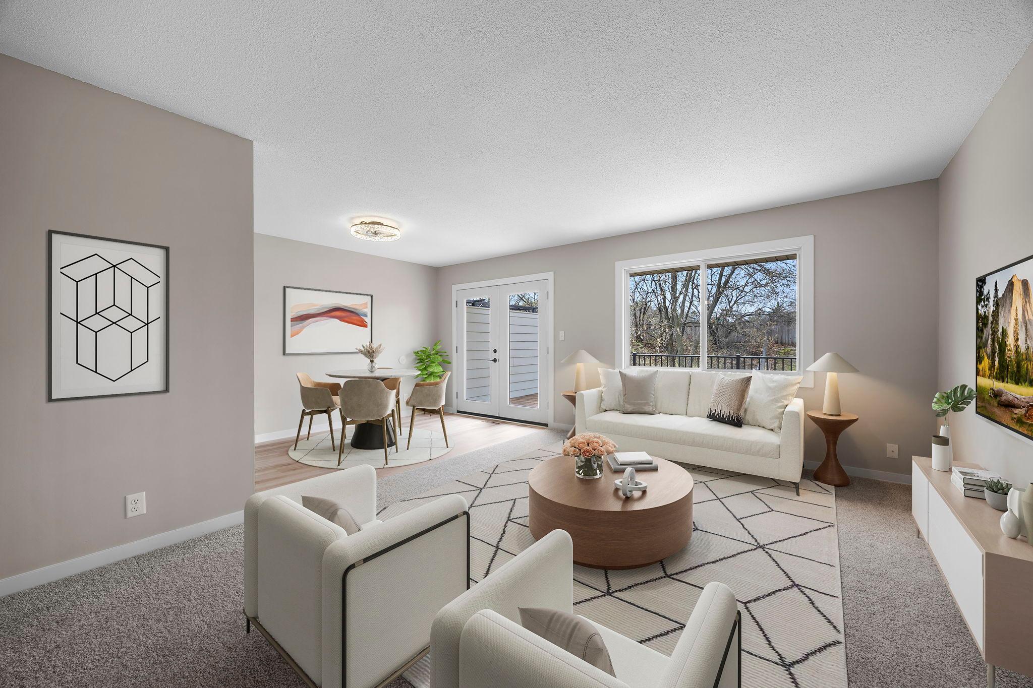 Spacious living room with new plush carpeting and fresh paint!