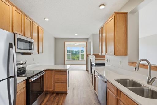 This kitchen has lots of counter space and cabinets