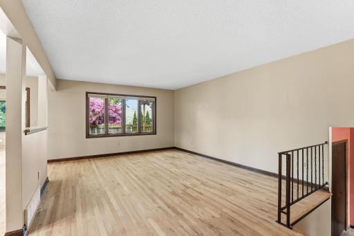 Hardwood floors stretch wall to wall through a generous living room, where the picture window pulls in seasonal light and treetop views.