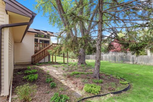 Trees shade a side yard layered with hostas, perennials, and a stepping-stone path leading from the patio out to the open lawn.