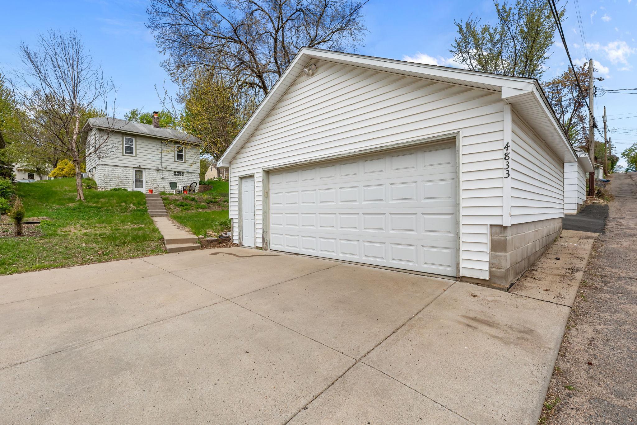 Garage and view of the back of the house.