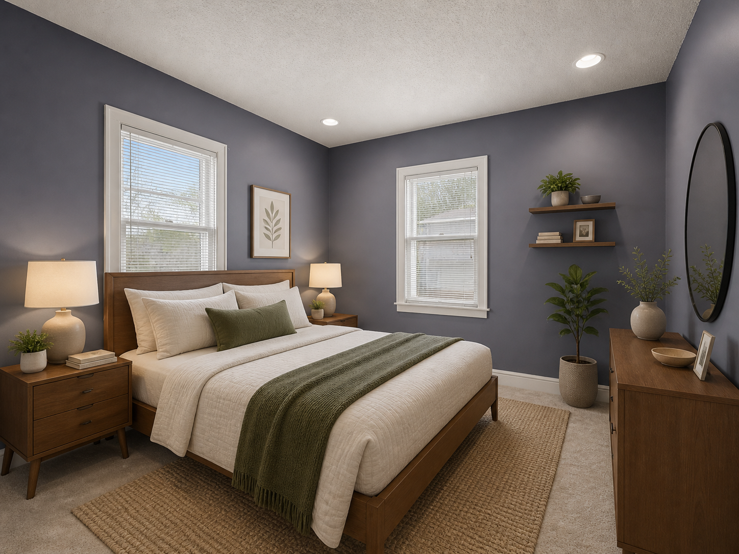 Main bedroom with recessed lighting, warm carpet and updated windows.