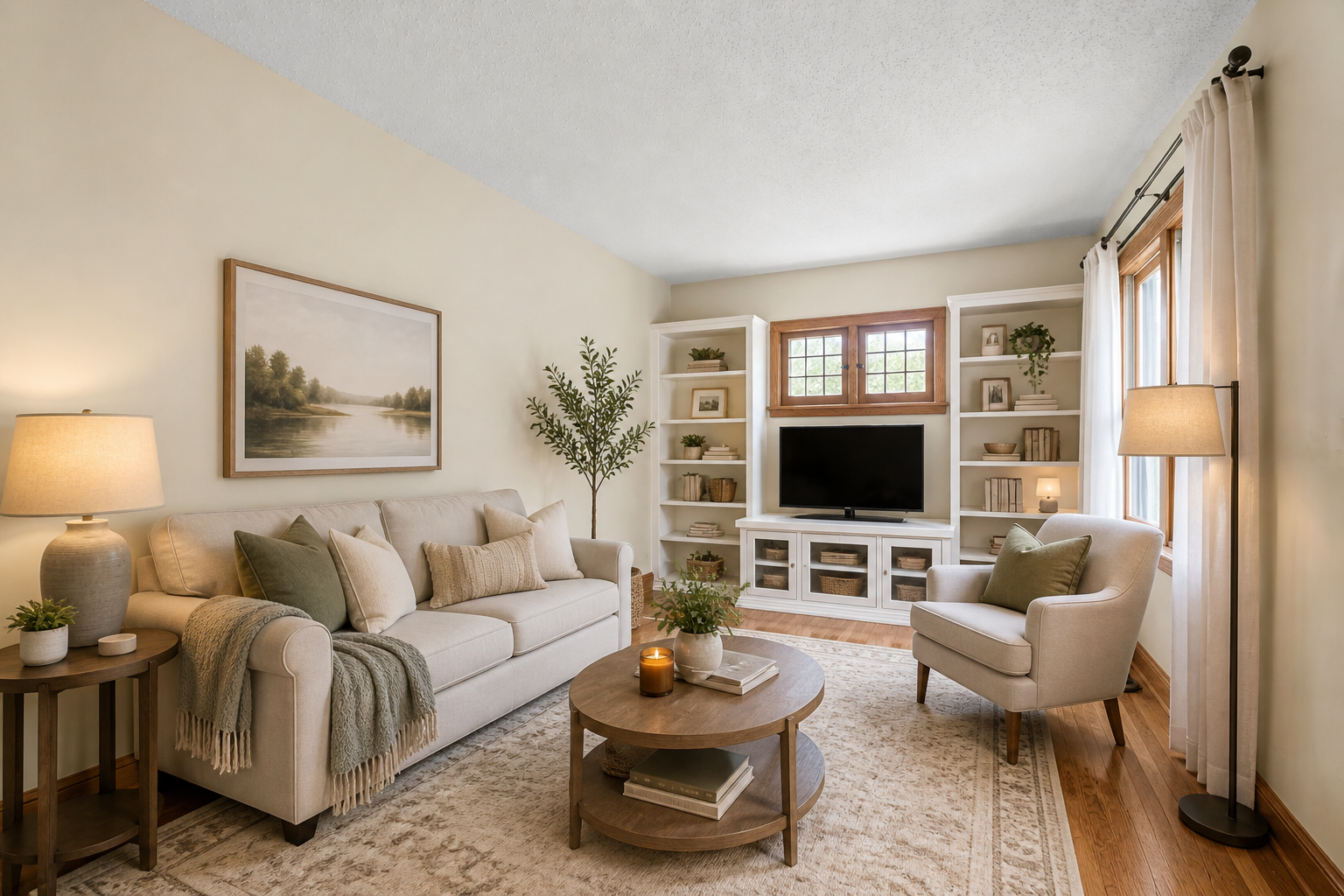 Front living room with gorgeous hard wood floors, built in wall unit and updated neutral paint.