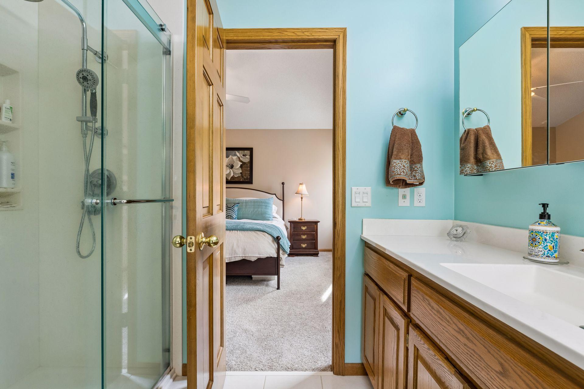 Walk-in shower with glass surround and ample counter space.
