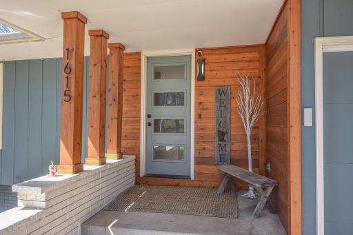 Modern front door with warm cedar accents.
