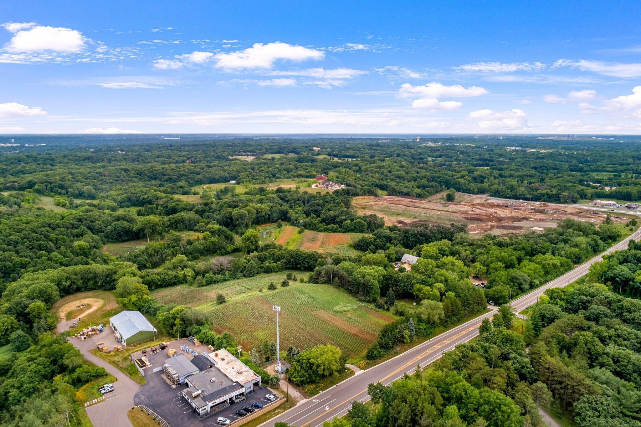 Aerial view from the parcel's northwest corner (cell tower 1/2 acre is not included in the sale).