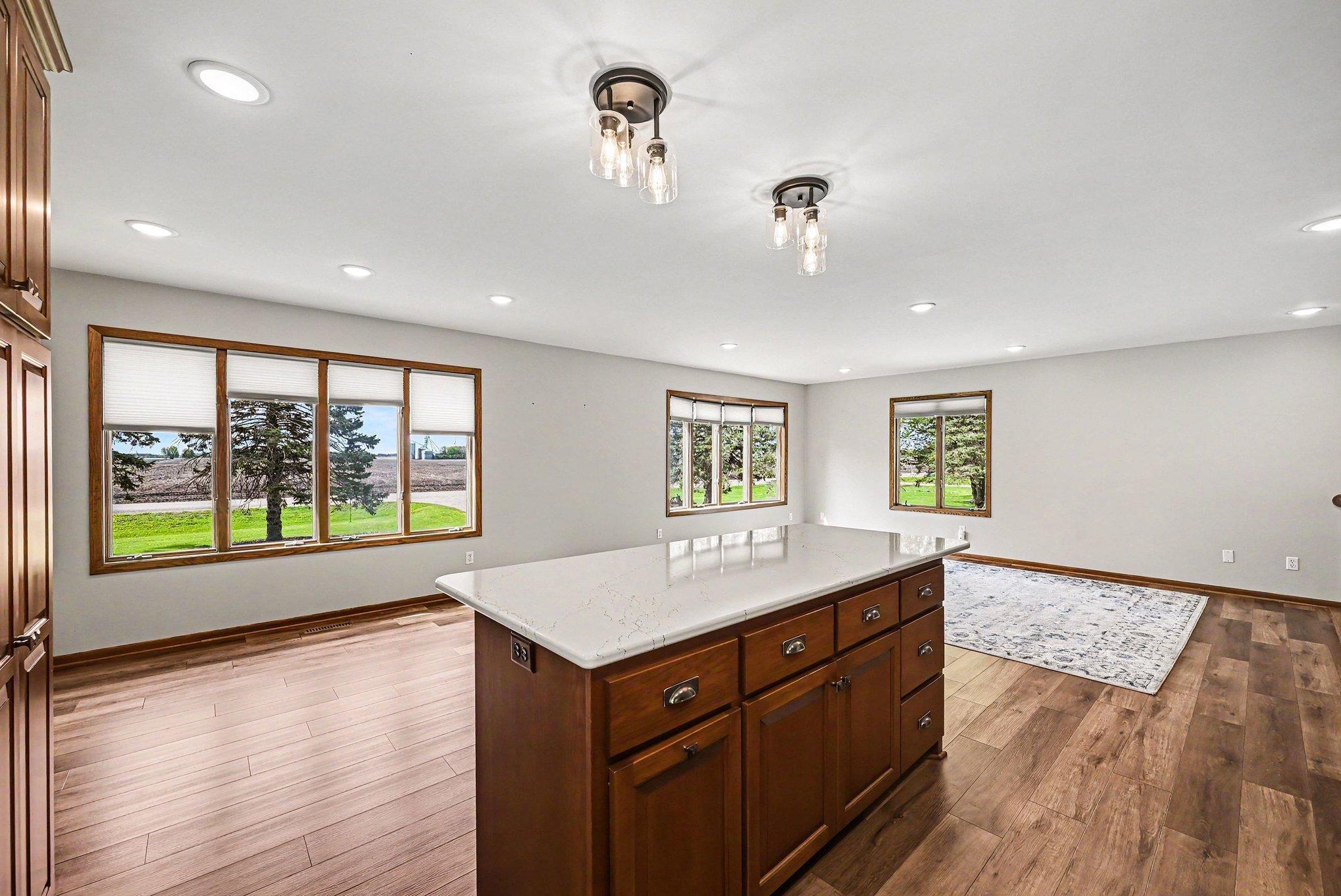 Open kitchen and living area with sweeping country views