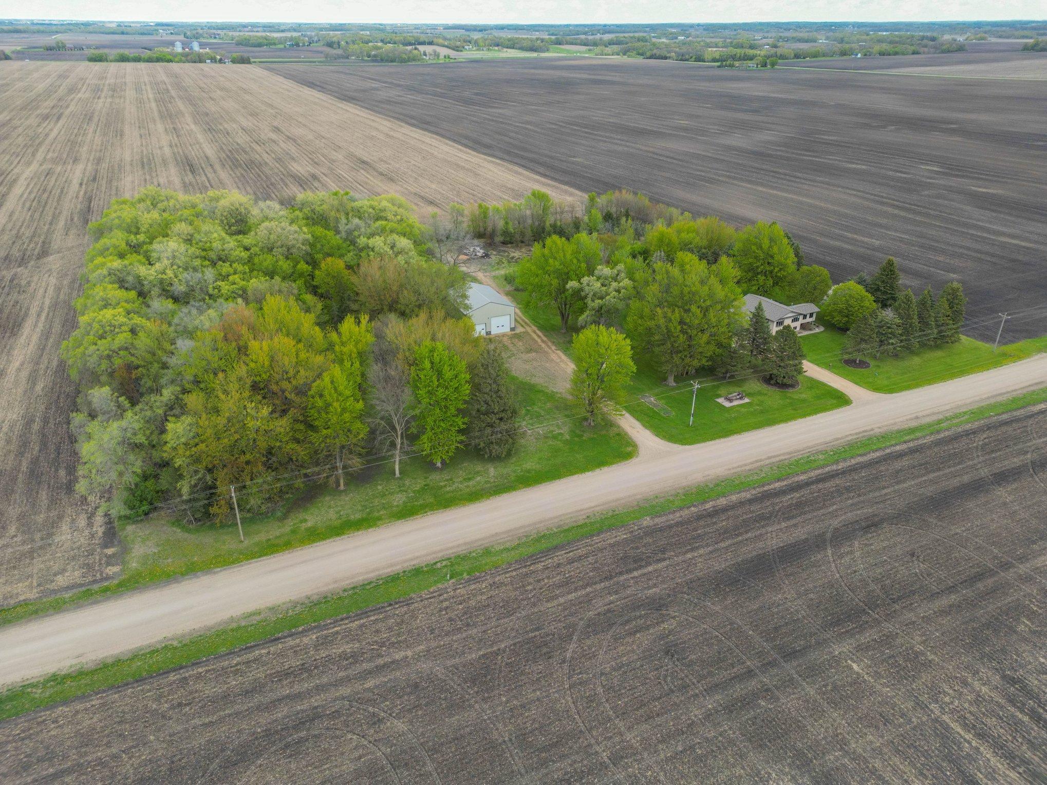 Front-angle aerial view of the rural acreage