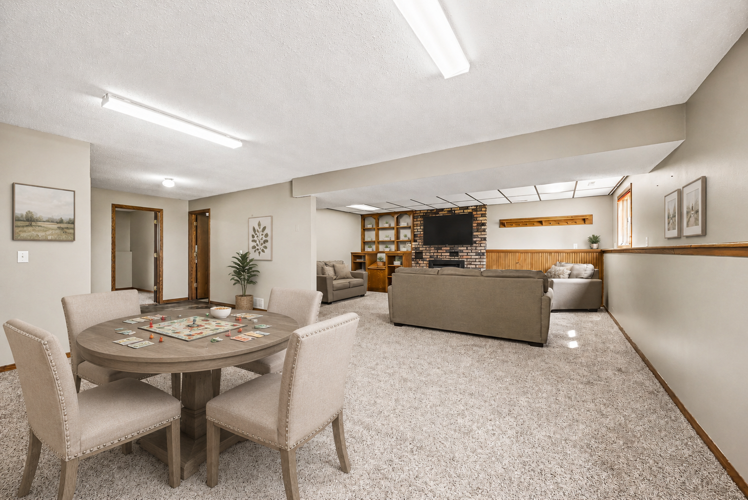 Finished lower level with brick gas fireplace and custom built-ins