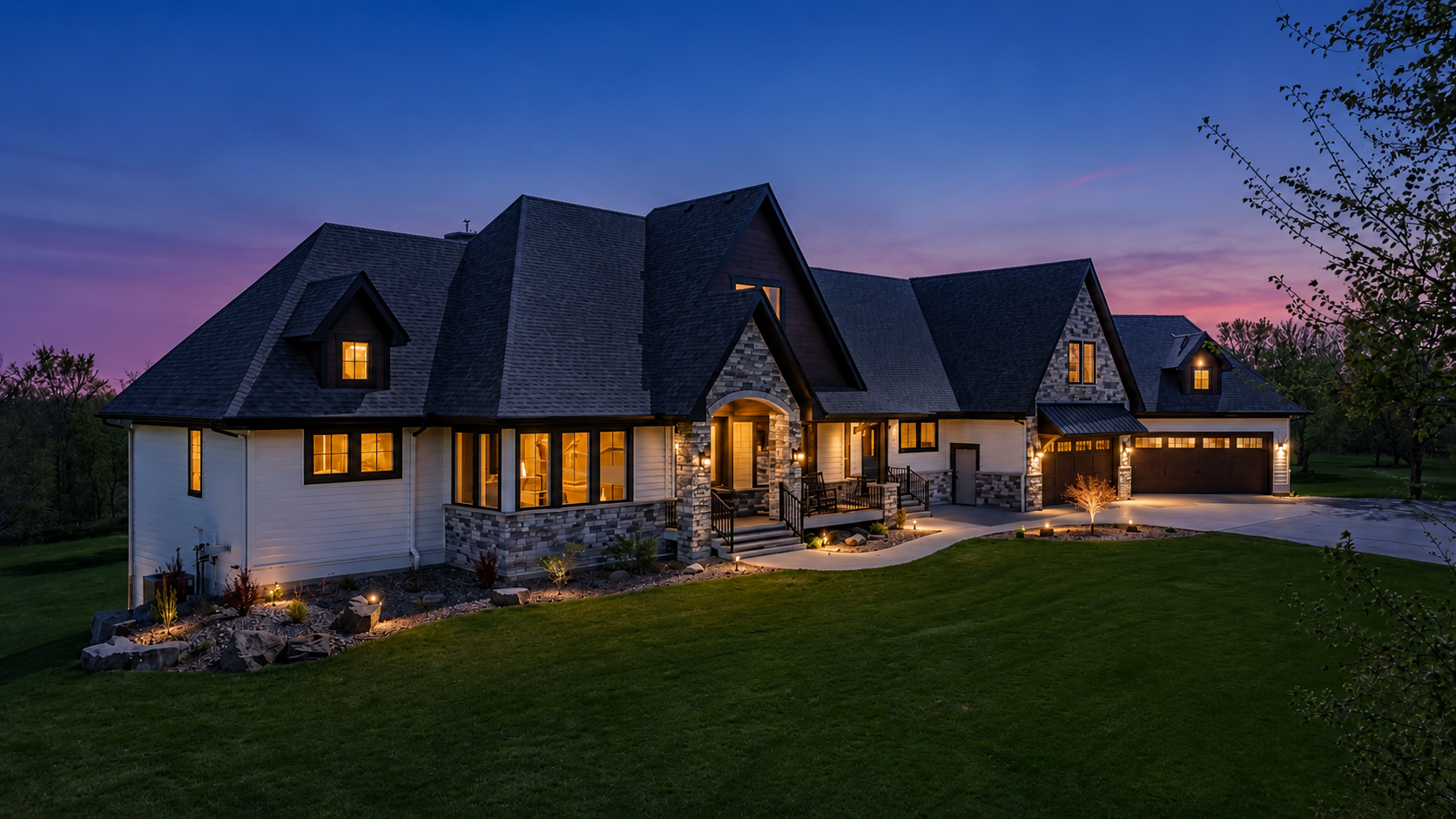 What a beautiful vision at dusk! Your guest will be stunned at the beauty of the home as they come over for your dinner party!