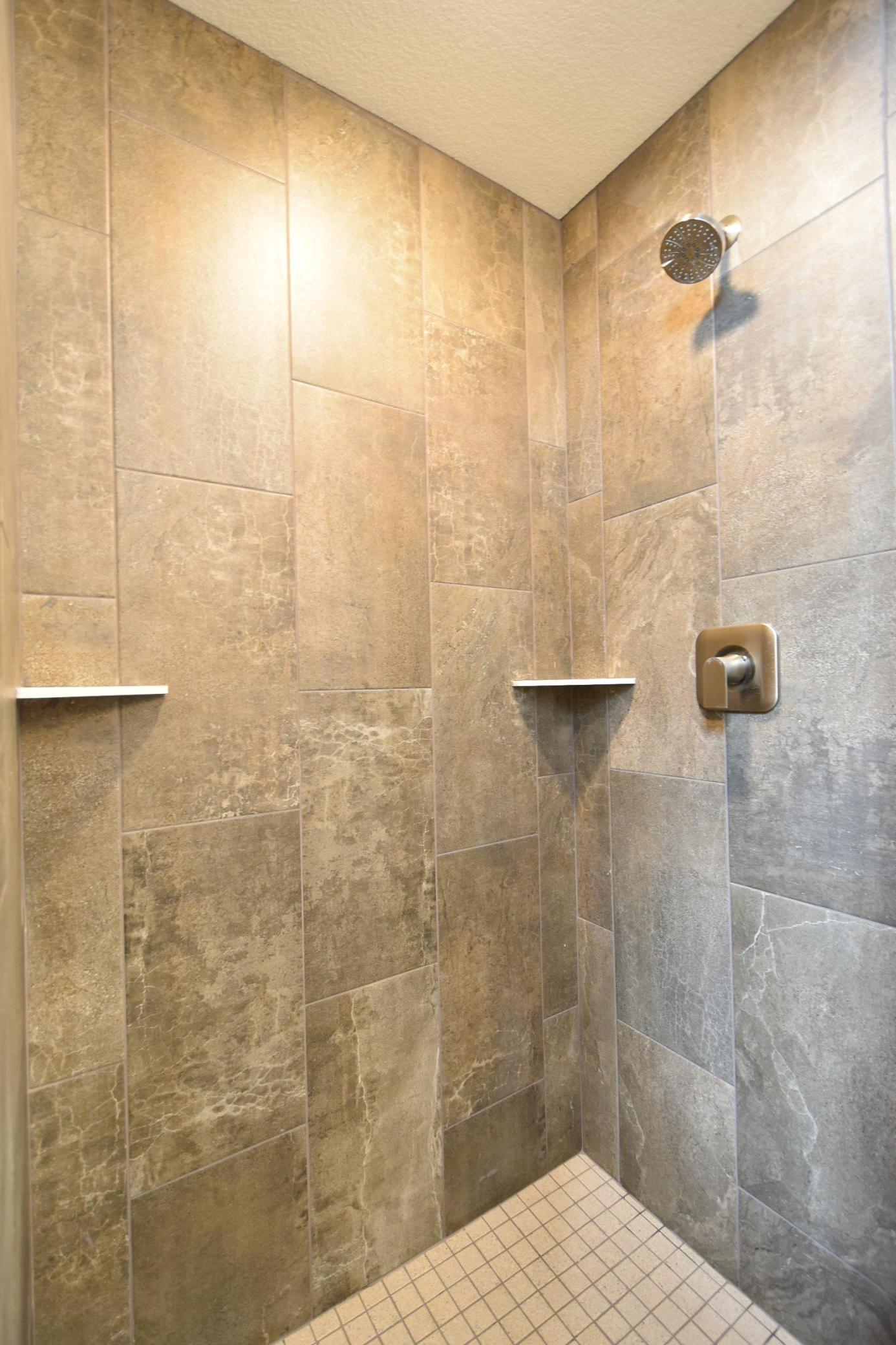 tiled, walk-in shower