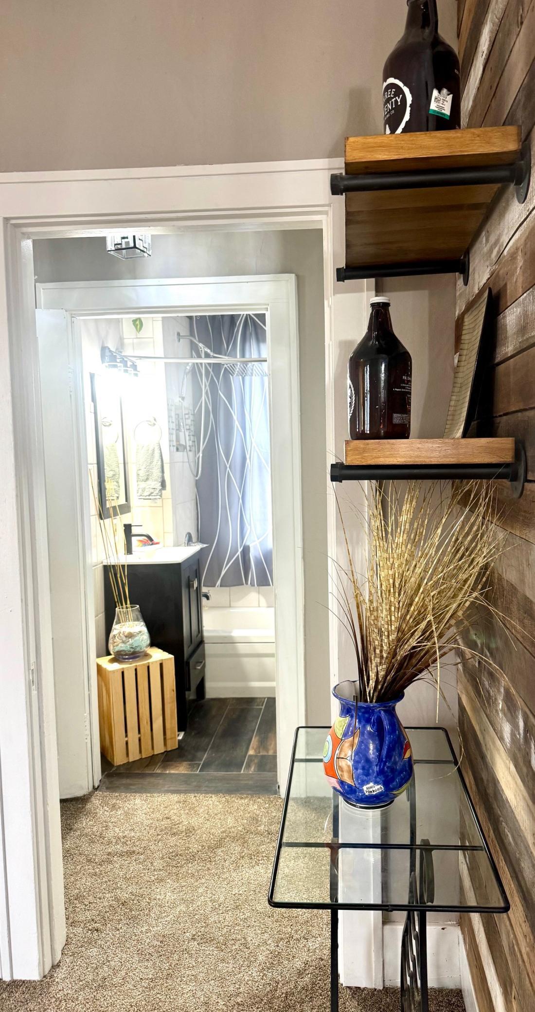 Custom shelving in kitchen and living room