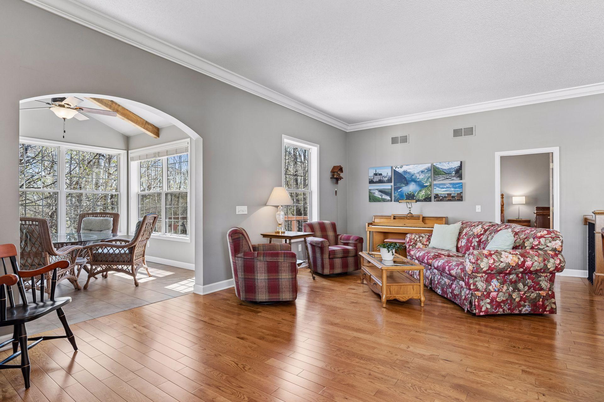 The home enjoys large windows that offer private, wooded views.