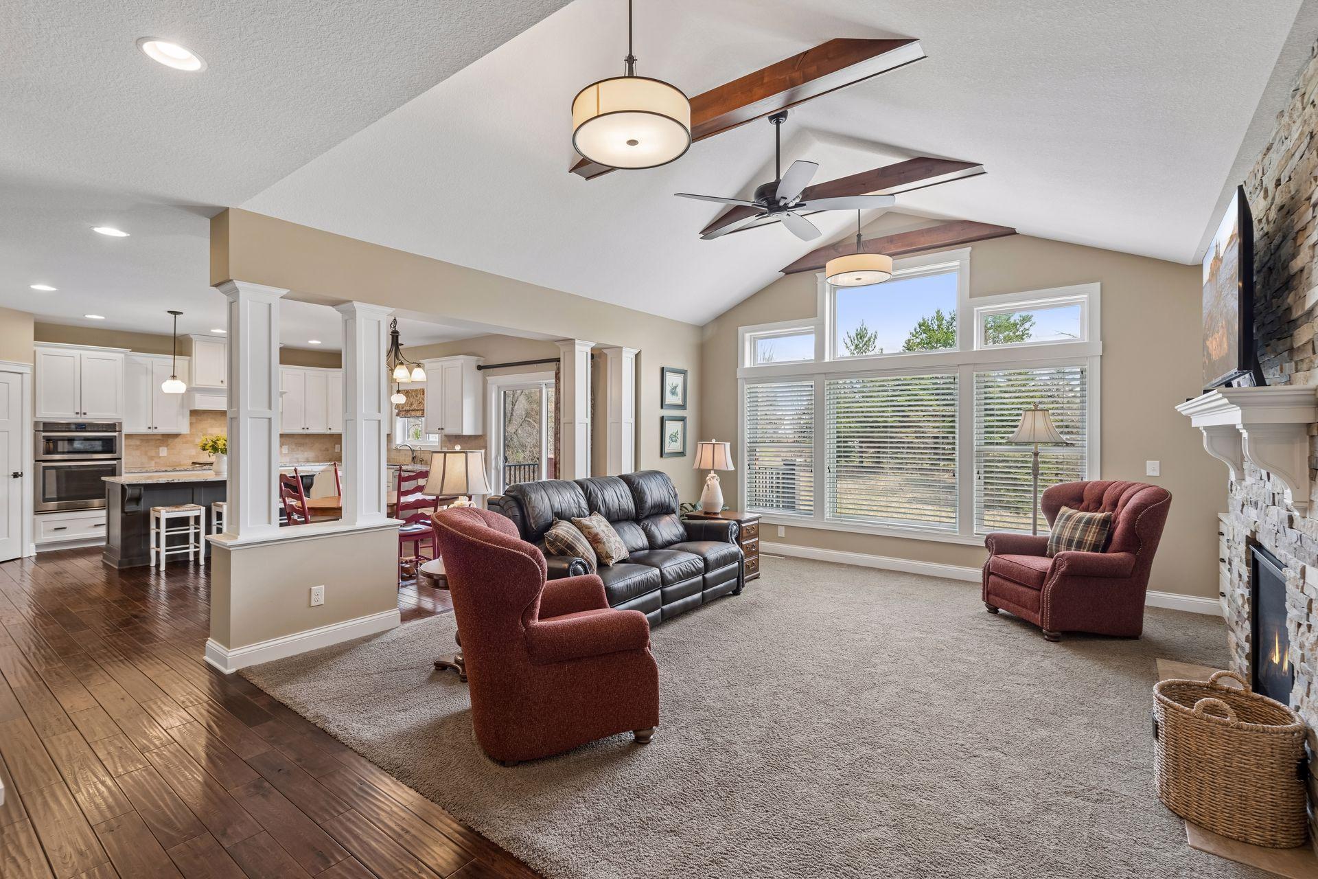 Vaulted ceiling w/ wood beams