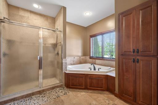 3/4 shower with ceramic surround and corner tub
