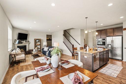 Inviting open concept kitchen, eat in kitchen and living room