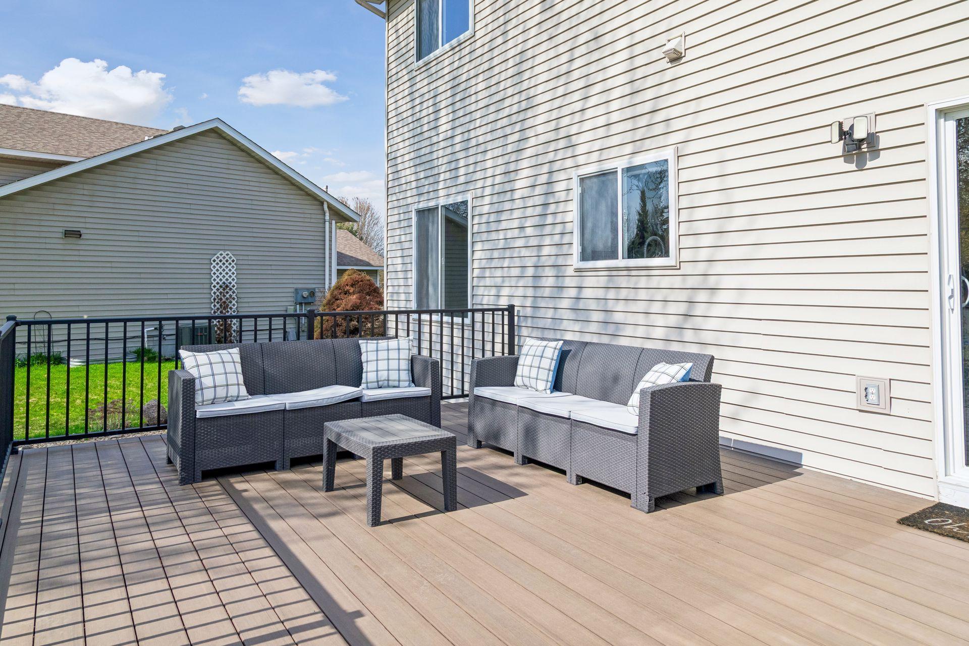 The deck is maintenance-free and large enough to accommodate a generous seating area, a grill, and a table set. All the essentials for outdoor entertaining.