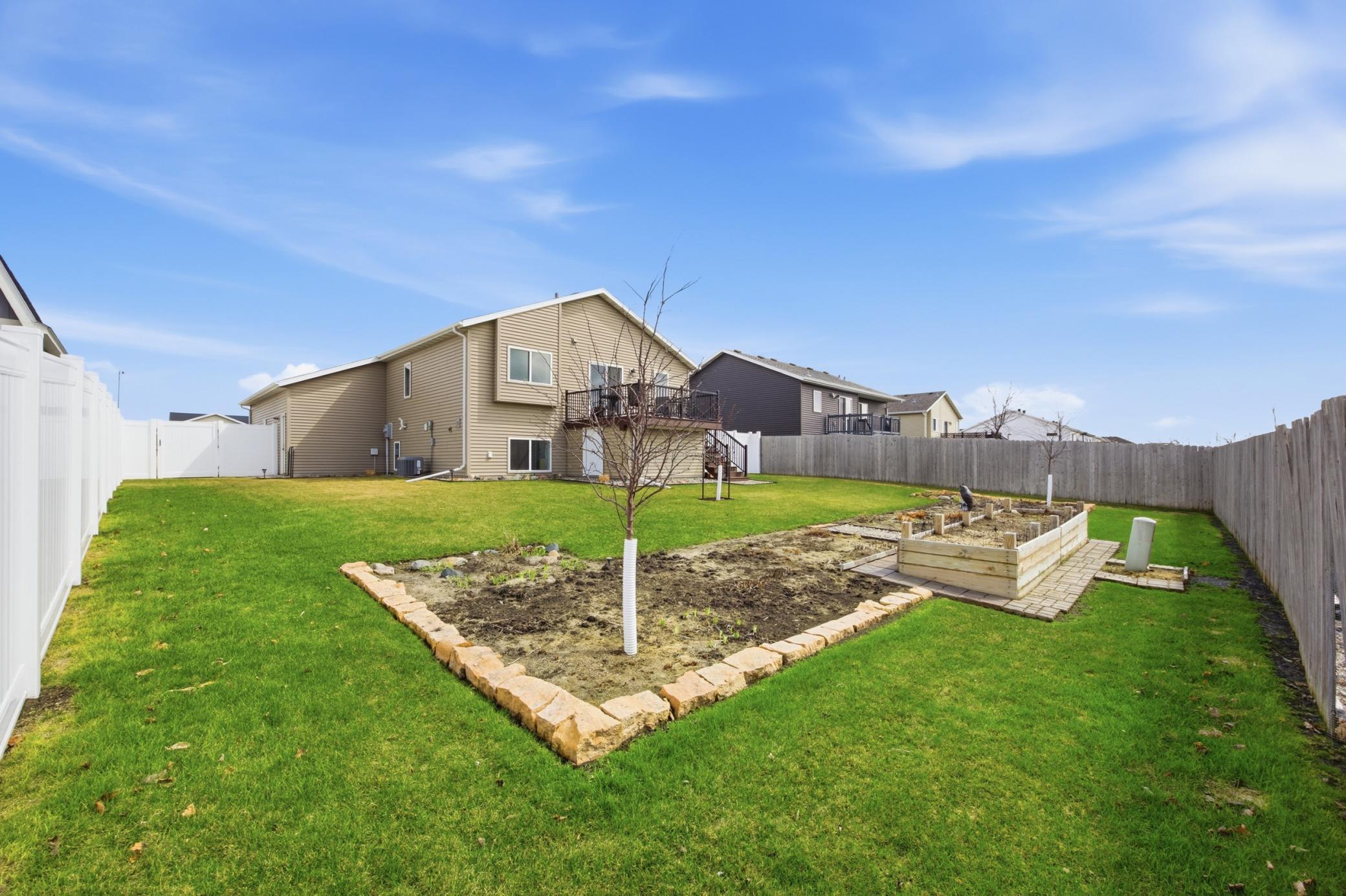 Large backyard with raised gardens